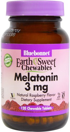 EarthSweet Chewables, Melatonin, Natural Raspberry Flavor, 3 mg, 120 Chewable Tablets by Bluebonnet Nutrition-Tillskott, Melatonin 3 Mg