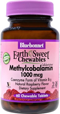 EarthSweet Chewables, Methylcobalamin, Natural Raspberry Flavor, 1000 mcg, 60 Chewable Tablets by Bluebonnet Nutrition-Vitaminer, Vitamin B12, Vitamin B12 - Metylcobalamin