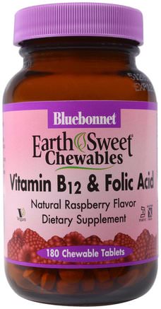 EarthSweet Chewables, Vitamin B-12 & Folic Acid, Natural Raspberry Flavor, 180 Chewable Tablets by Bluebonnet Nutrition-Vitaminer, Vitamin B, Vitamin B12