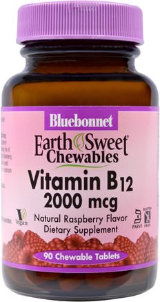 EarthSweet Chewables, Vitamin B12, Natural Raspberry Flavor, 2.000 mcg, 90 Chewable Tablets by Bluebonnet Nutrition-Vitaminer, Vitamin B12