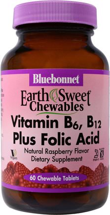 EarthSweet Chewables, Vitamin B6, B12 Plus Folic Acid, Natural Raspberry Flavor, 60 Chewable Tablets by Bluebonnet Nutrition-Vitaminer, Vitamin B, Folsyra