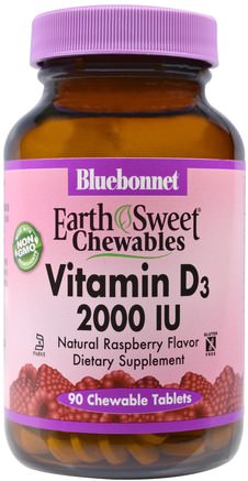 EarthSweet Chewables, Vitamin D3, Natural Raspberry Flavor, 2.000 IU, 90 Chewable Tablets by Bluebonnet Nutrition-Vitaminer, Vitamin D3
