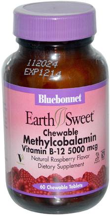 EarthSweet, Methylcobalamin, Vitamin B-12, Natural Raspberry Flavor, 5000 mcg, 60 Chewable Tablets by Bluebonnet Nutrition-Vitaminer, Vitamin B12, Vitamin B12 - Metylcobalamin