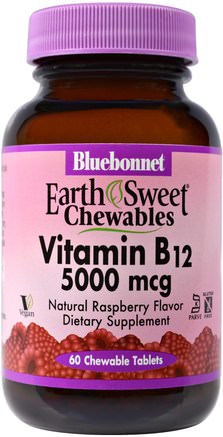 EarthSweet, Vitamin B-12, 5000 mcg, Natural Raspberry Flavor, 60 Chewable Tablets by Bluebonnet Nutrition-Vitaminer