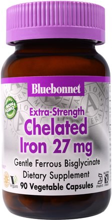 Extra Strength Chelated Iron, 27 mg, 90 Veggie Caps by Bluebonnet Nutrition-Kosttillskott, Mineraler, Järn
