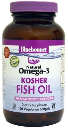 Kosher Fish Oil, Natural Omega-3, 120 Veggie Softgels by Bluebonnet Nutrition-Kosttillskott, Efa Omega 3 6 9 (Epa Dha)