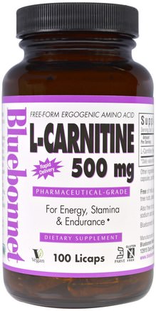 L-Carnitine, 500 mg, 100 Licaps by Bluebonnet Nutrition-Kosttillskott, Aminosyror, L Karnitin