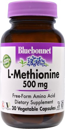 L-Methionine, 500 mg, 30 Veggie Caps by Bluebonnet Nutrition-Kosttillskott, Aminosyror, L Metionin