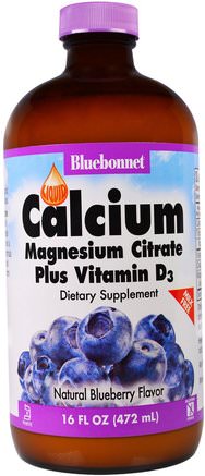 Liquid Calcium Magnesium Citrate Plus Vitamin D3, Natural Blueberry Flavor, 16 fl oz (472 ml) by Bluebonnet Nutrition-Kosttillskott, Mineraler, Kalcium, Flytande Kalcium