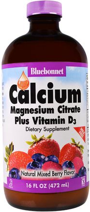 Liquid Calcium Magnesium Citrate Plus Vitamin D3, Natural Mixed Berry Flavor, 16 fl oz (472 ml) by Bluebonnet Nutrition-Kosttillskott, Mineraler, Kalcium Och Magnesium