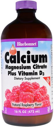 Liquid Calcium, Magnesium Citrate Plus Vitamin D3, Natural Raspberry Flavor, 16 fl oz (472 ml) by Bluebonnet Nutrition-Kosttillskott, Mineraler, Kalcium Och Magnesium
