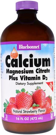 Liquid Calcium, Magnesium Citrate Plus Vitamin D3, Natural Strawberry Flavor, 16 fl oz (472 ml) by Bluebonnet Nutrition-Kosttillskott, Mineraler, Kalcium, Flytande Kalcium