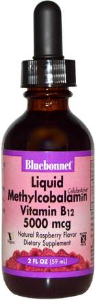Liquid Methylcobalamin Vitamin B12, Natural Raspberry Flavor, 5000 mcg, 2 fl oz (59 ml) by Bluebonnet Nutrition-Vitaminer, Vitamin B, Vitamin B12, Vitamin B12 - Metylcobalamin, Vitamin B12 - Vätska