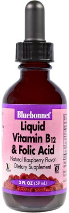 Liquid Vitamin B-12 & Folic Acid, Natural Raspberry Flavor, 2 fl oz (59 ml) by Bluebonnet Nutrition-Vitaminer, Vitamin B, Vitamin B12, Vitamin B12 - Vätska