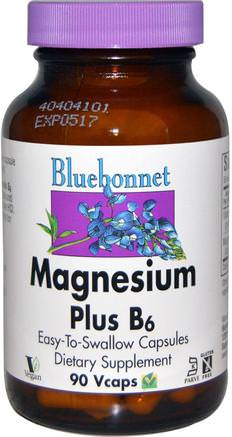 Magnesium Plus B6, 90 Vcaps by Bluebonnet Nutrition-Vitaminer, Vitamin B, Vitamin B6 - Pyridoxin, Kosttillskott, Mineraler