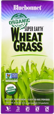 Super Earth, Organic Wheat Grass, 14 Packets, 0.16 oz (4.5 g) Each by Bluebonnet Nutrition-Kosttillskott, Superfoods