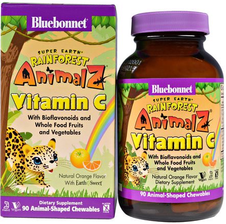 Super Earth, Rainforest Animalz, Vitamin C, Natural Orange Flavor, 90 Chewables by Bluebonnet Nutrition-Vitaminer, C-Vitamin Tuggbar
