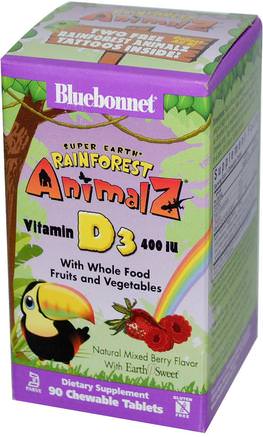 Super Earth, Rainforest Animalz, Vitamin D3, Mixed Berry, 400 IU, 90 Chewable Tablets by Bluebonnet Nutrition-Vitaminer, Vitamin D3