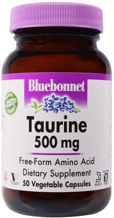 Taurine, 500 mg, 50 Veggie Caps by Bluebonnet Nutrition-Kosttillskott, Aminosyror, Taurin