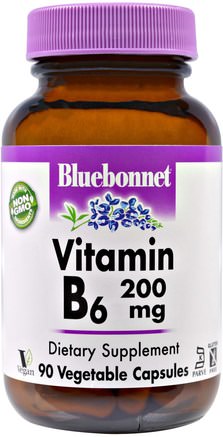 Vitamin B-6, 200 mg, 90 Veggie Caps by Bluebonnet Nutrition-Vitaminer, Vitamin B6 - Pyridoxin