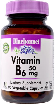 Vitamin B-6, 50 mg, 90 Veggie Caps by Bluebonnet Nutrition-Vitaminer, Vitamin B6 - Pyridoxin
