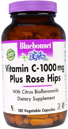 Vitamin C - 1000 mg Plus Rose Hips, 180 Veggie Caps by Bluebonnet Nutrition-Vitaminer, Vitamin C Bioflavonoider Stegor