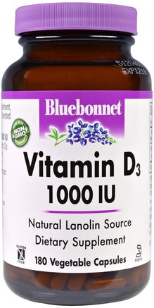Vitamin D3, 1000 IU, 180 Veggie Caps by Bluebonnet Nutrition-Vitaminer, Vitamin D3