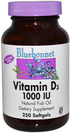 Vitamin D3, 1000 IU, 250 Softgels by Bluebonnet Nutrition-Vitaminer, Vitamin D3