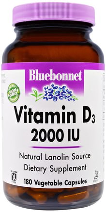 Vitamin D3, 2000 IU, 180 Veggie Caps by Bluebonnet Nutrition-Vitaminer, Vitamin D3