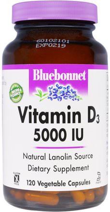 Vitamin D3, 5000 IU, 120 Veggie Caps by Bluebonnet Nutrition-Vitaminer, Vitamin D3