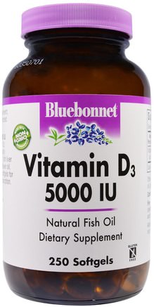 Vitamin D3, 5000 IU, 250 Softgels by Bluebonnet Nutrition-Vitaminer, Vitamin D3
