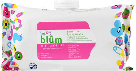 Baby, Sensitive, Baby Wipes, Fragrance Free, 72 Wipes by Blum Naturals-Barns Hälsa, Diapering, Barnservetter