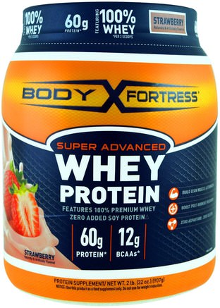 Super Advanced Whey Protein Powder, Strawberry, 2 lbs (907 g) by Body Fortress-Kosttillskott, Vassleprotein, Sport