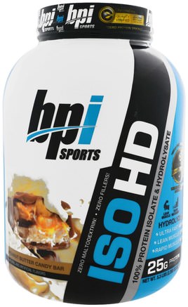 ISO HD, 100% Whey Protein Isolate & Hydrolysate, Peanut Butter Candy Bar, 5.3 lbs (2.398 g) by BPI Sports-Kosttillskott, Vassleprotein, Bpi Sportkraft Och Styrka
