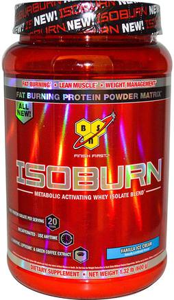 Isoburn, Metabolic Activating Whey Isolate Blend, Vanilla Ice Cream, 1.32 lb (600 g) by BSN-Kosttillskott, Vassleprotein, Fettbrännare
