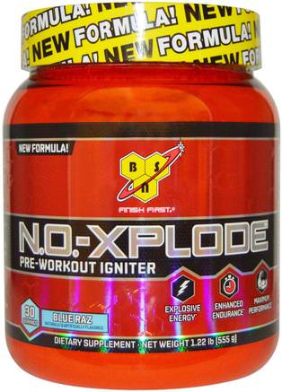 N.O.-Xplode, Pre-Workout Igniter, Blue Raz, 1.22 lbs (555 g) by BSN-Hälsa, Energi, Sport, Träning