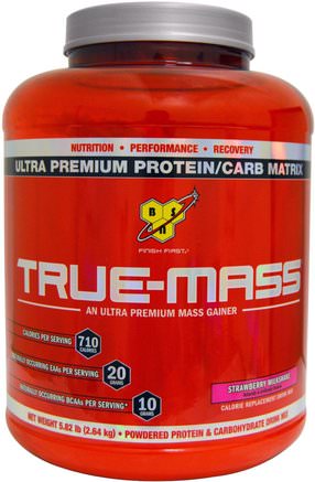 True-Mass, Ultra Premium Protein/Carb Matrix, Strawberry Milk Shake, 5.82 lbs (2.64 kg) by BSN-Sport, Träning