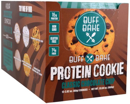 Protein Cookie, Classic Chocolate Chip, 12 Cookies, 2.82 oz (80 g) Each by Buff Bake-Sport, Protein Barer