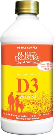Liquid Nutrients, D3 with K2, 16 fl oz (473 ml) by Buried Treasure-Vitaminer, Vitamin D3, Begravd Skatt Multivitaminer Och Mineraler, Vitamin D3 Vätska