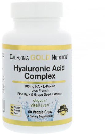 CGN, Hyaluronic Acid, with L-Proline + French Pine Bark & Grape Seed Extracts, 100 mg, 60 Veggie Caps by California Gold Nutrition-Hälsa, Ben, Osteoporos, Anti-Åldrande, Gemensam Hälsa