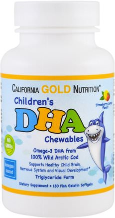 CGN, Childrens DHA Chewables, 100% Wild Arctic Cod, Strawberry-Lemon Flavor, 180 Fish Gelatin Softgels by California Gold Nutrition-Kosttillskott, Efa Omega 3 6 9 (Epa Dha)
