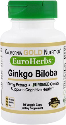 CGN, EuroHerbs, Gingko Biloba Extract, 120 mg, 60 Veggie Caps by California Gold Nutrition-Cgn Euroherbs, Hälsa, Hjärna