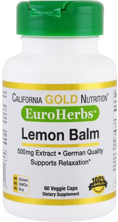 CGN, EuroHerbs, Lemon Balm Extract, 500 mg, 60 Veggie Caps by California Gold Nutrition-Cgn Euroherbs, Örter, Citronmelmmelissa