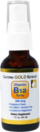 CGN, Vitamin B12 Spray, Alcohol Free, Raspberry, 500 mcg, 1 fl oz (30 ml) by California Gold Nutrition-Vitaminer, Vitamin B12