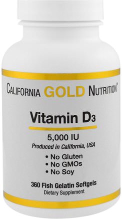 CGN, Vitamin D3, 5.000 IU, 360 Fish Gelatin Softgels by California Gold Nutrition-Vitaminer, Vitamin D3