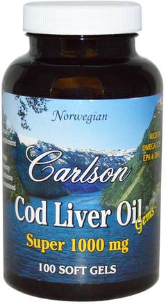 Cod Liver Oil Gems, 1000 mg, 100 Soft Gels by Carlson Labs-Kosttillskott, Efa Omega 3 6 9 (Epa Dha), Fiskolja, Torskleverolja Softgels