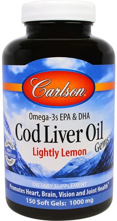 Cod Liver Oil Gems, Lightly Lemon, 1000 mg, 150 Soft Gels by Carlson Labs-Kosttillskott, Efa Omega 3 6 9 (Epa Dha), Fiskolja