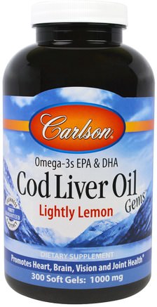 Cod Liver Oil Gems, Lightly Lemon, 1000 mg, 300 Soft Gels by Carlson Labs-Kosttillskott, Efa Omega 3 6 9 (Epa Dha), Fiskolja