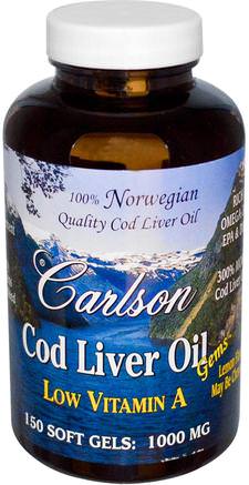 Cod Liver Oil Gems, Low Vitamin A, Natural Lemon Flavor, 1.000 mg, 150 Soft Gels by Carlson Labs-Kosttillskott, Efa Omega 3 6 9 (Epa Dha), Fiskolja, Torskleverolja Softgels