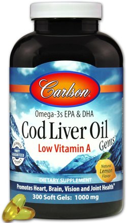 Cod Liver Oil Gems, Low Vitamin A, Natural Lemon Flavor, 1.000 mg, 300 Soft Gels by Carlson Labs-Kosttillskott, Efa Omega 3 6 9 (Epa Dha), Fiskolja, Torskleverolja Softgels